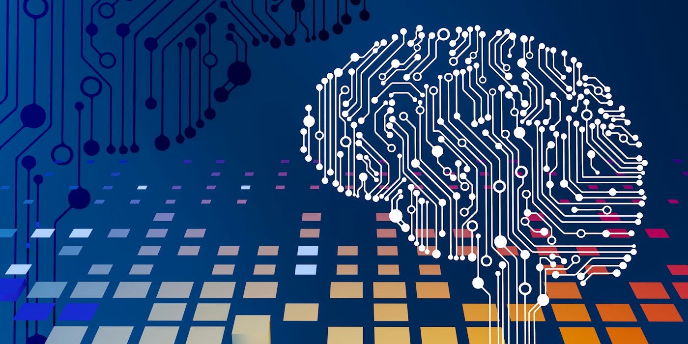 A circuit-board brain over a blue data grid