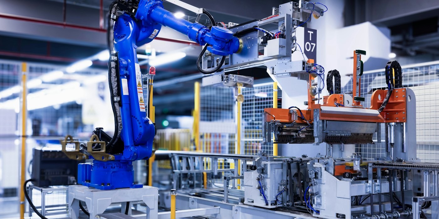 A robotic arm on an automated production line